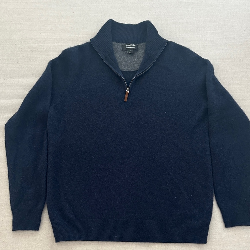 Cashmere Men’s Navy Quarter-Zip Sweater with Leather Pull
